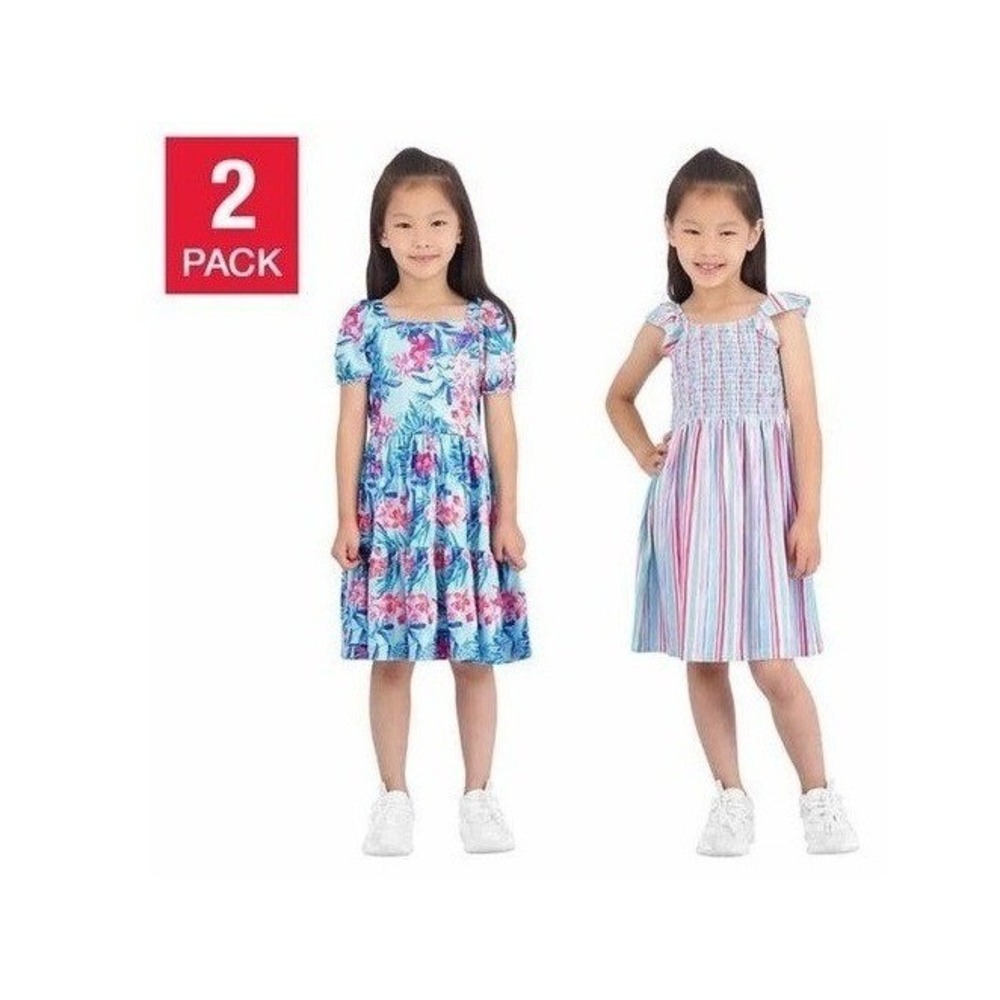 Tommy Bahama 2 Pack Dresses Girls 3T Blue Pink Floral Stripe New Tiered Smocked